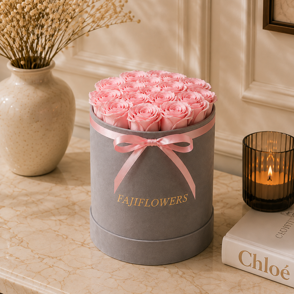 A round gray gift box filled with pink roses and tied with a pink ribbon, printed with the brand name 'FAJIFLOWERS', displayed on a marble countertop next to a candle and a vase.