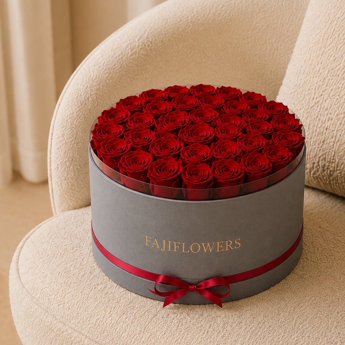 A round gray box of red roses sits on a beige upholstered chair in a softly lit indoor setting. The box is wrapped with a red ribbon and gold lettering that reads FAIFLOWERS.