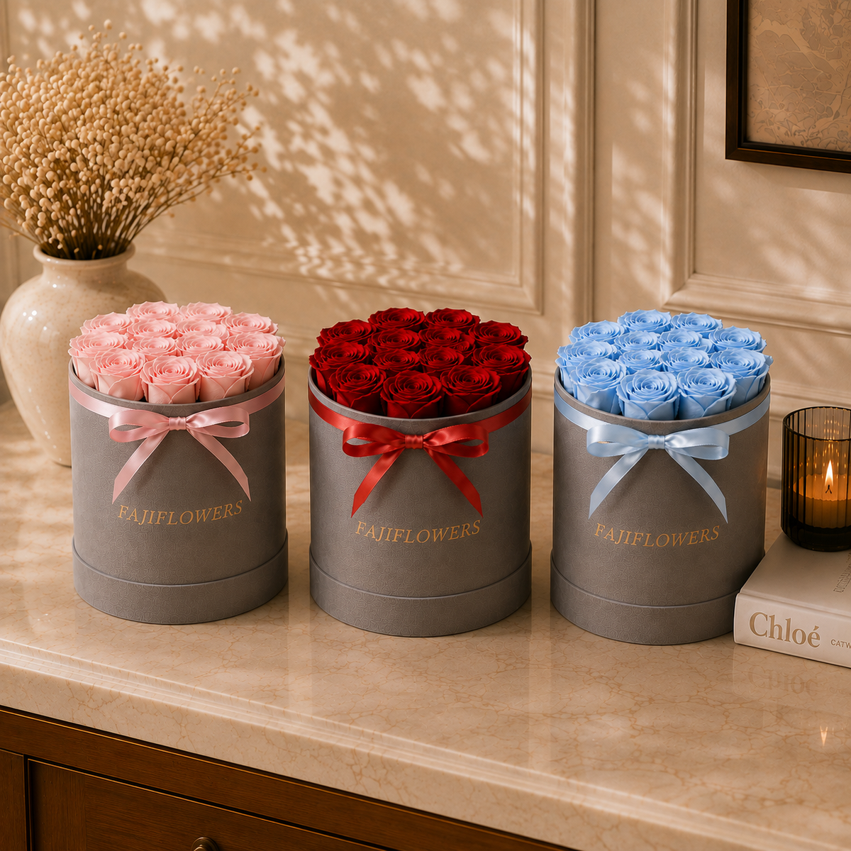 Three round gray floral gift boxes with gold PAIFLOWERS branding, tied with pink, red, and blue ribbons, displayed on a beige marble surface with warm sunlight and shadows.