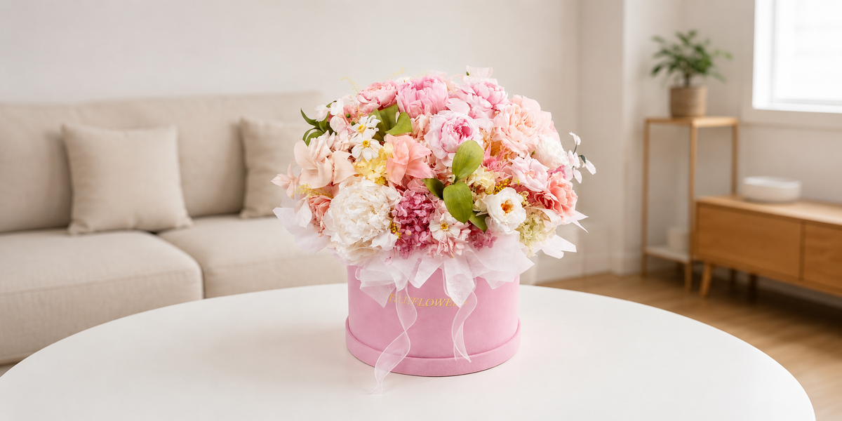 Floral arrangement in a pink box on a table in a living room setting